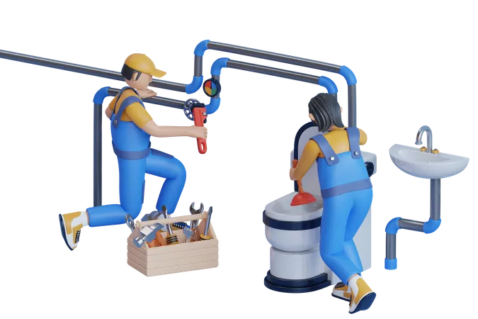 Plumbers Working Together To Repair Pipe And Clean Toilet  3D Illustration