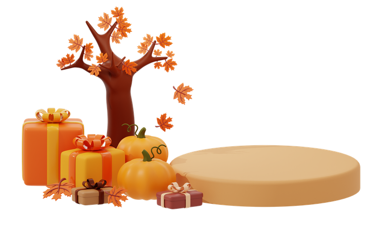 Podio de otoño al lado del árbol y caja de regalo de otoño  3D Icon