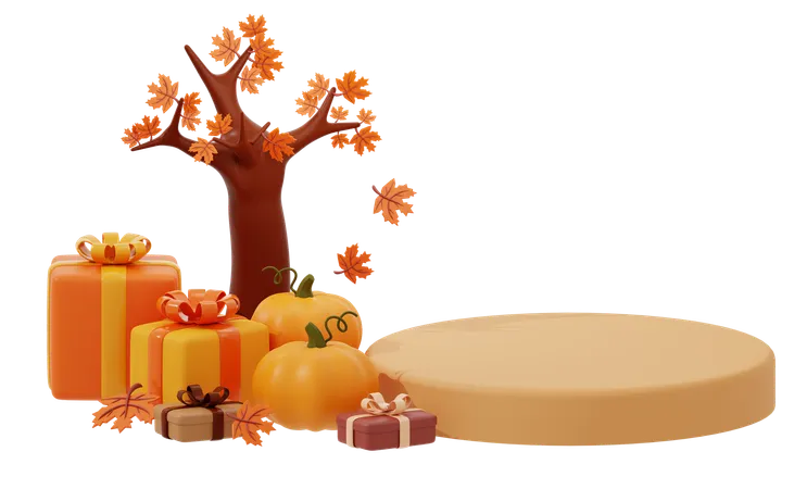 Podio de otoño al lado del árbol y caja de regalo de otoño  3D Icon