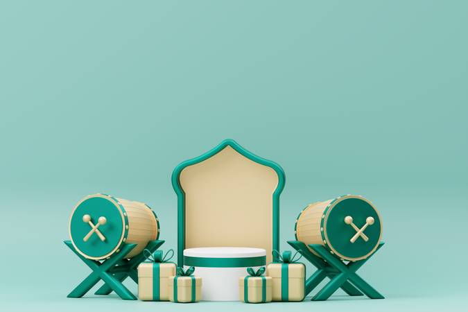 Podio de Ramadán con bedug y regalo.  3D Icon