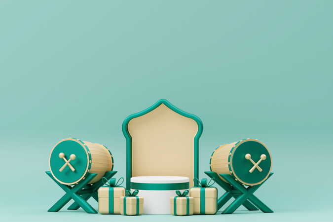 Podio de Ramadán con bedug y regalo.  3D Illustration