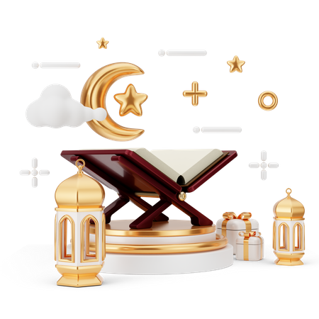 Podio de ramadán con el corán  3D Illustration