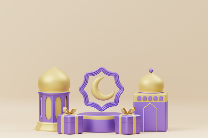 Podio de Ramadán con luna y linterna.  3D Illustration