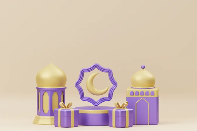 Podio de Ramadán con luna y linterna.  3D Illustration