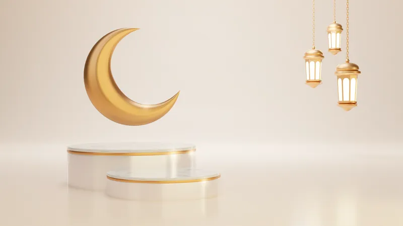 Podio de Ramadán con media luna y linterna.  3D Illustration
