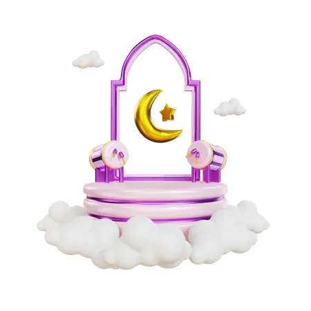 Podio de Ramadán con tambor islámico y luna  3D Illustration