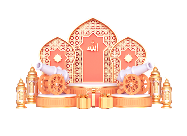 Podio De Ramadán De Lujo Con Regalos Y Cañón  3D Icon