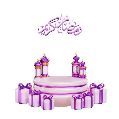 Pódio para o Ramadã com lanterna e caixa de presente  3D Illustration
