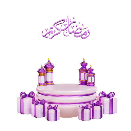 Pódio para o Ramadã com lanterna e caixa de presente  3D Illustration