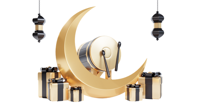 Podio para Ramadán con cañón y luna.  3D Icon