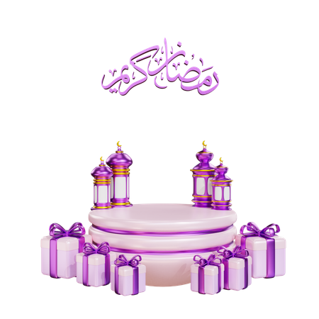 Podio para Ramadán con linterna y caja de regalo.  3D Icon