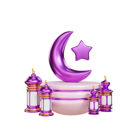 Podio para Ramadán con linterna y luna.  3D Icon