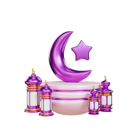 Podio para Ramadán con linterna y luna.  3D Illustration