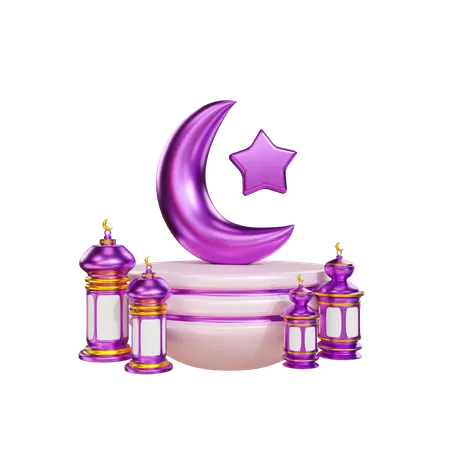 Podio para Ramadán con linterna y luna.  3D Illustration