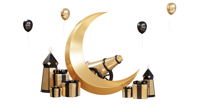 Podio para Ramadán con luna y regalo.  3D Icon