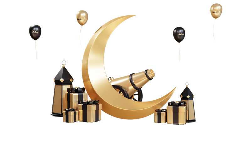 Podio para Ramadán con luna y regalo.  3D Illustration