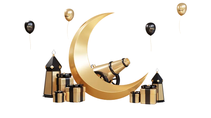 Podio para Ramadán con luna y regalo.  3D Illustration
