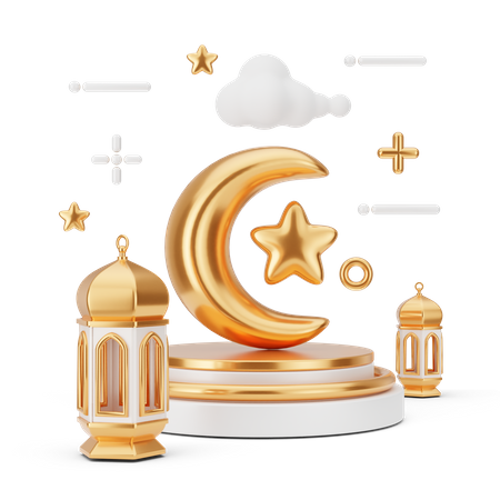Podio Para Ramadán Con Media Luna  3D Illustration
