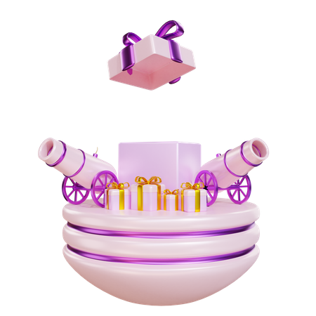 Podio para Ramadán con regalo y cañón.  3D Icon