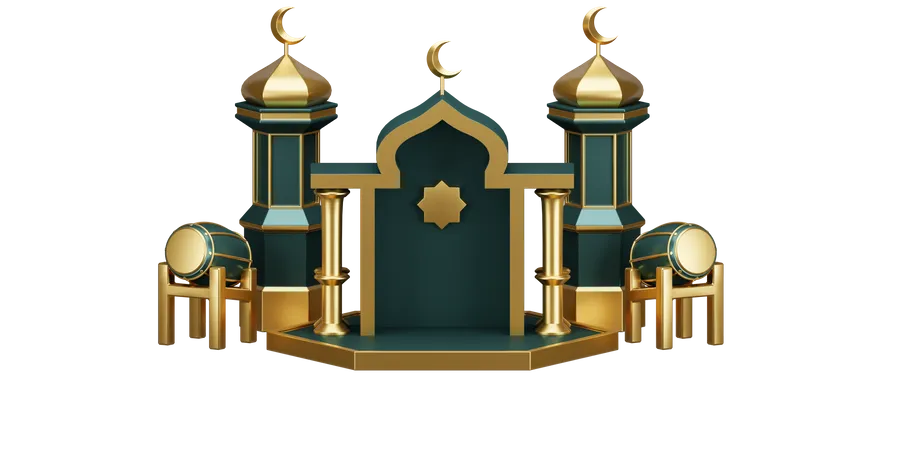 Podio Para Ramadán Con Adornos De Tambor Y Mezquita  3D Illustration