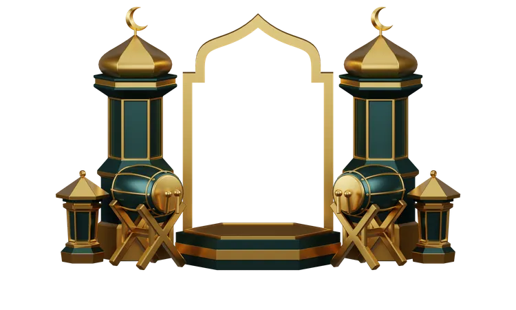 Podio Para Ramadán Con Tambores Y Adornos De Mezquita  3D Illustration