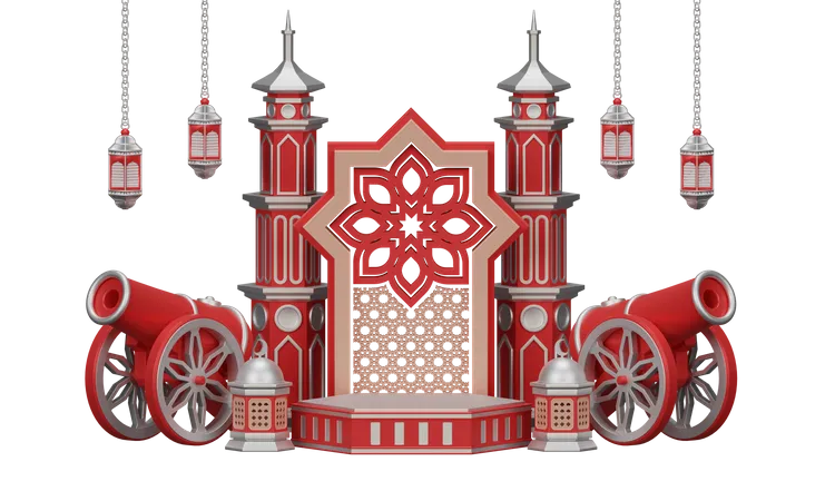 Podio Ramadán Con Cañón Tradicional Y Adorno De Mezquita  3D Illustration