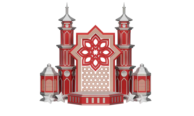 Podio Ramadán Con Linterna Y Adorno De Mezquita  3D Illustration