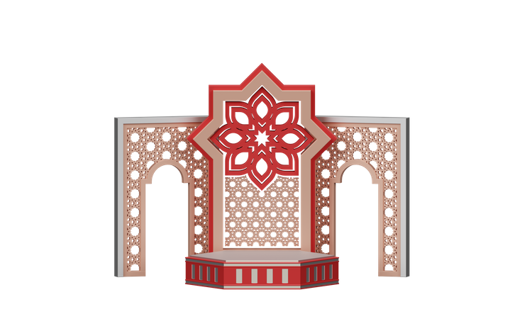 Podio Ramadán Con Marco Islámico Y Adorno De Mezquita  3D Illustration