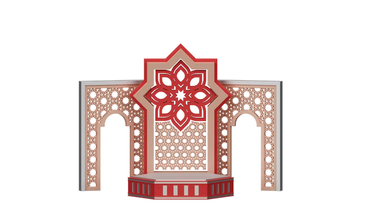 Podio Ramadán Con Marco Islámico Y Adorno De Mezquita  3D Illustration