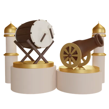 Tambor islâmico e pódio de canhão  3D Illustration