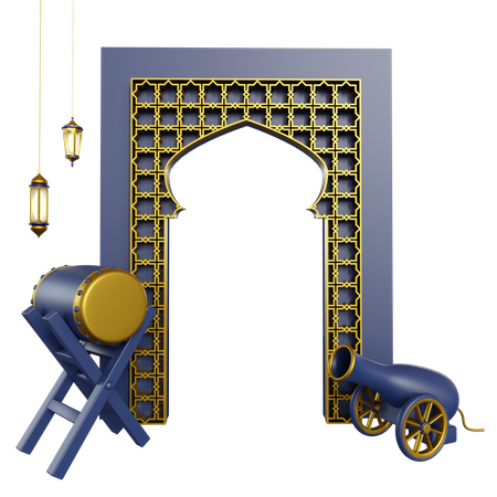 Tambor islâmico e pódio de canhão  3D Illustration