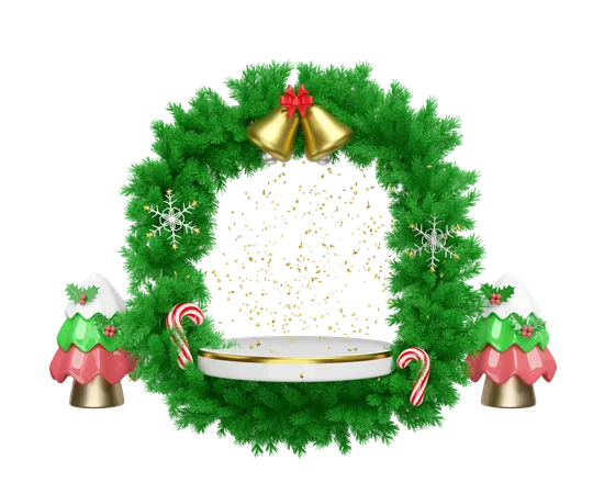 3 D Cylinder Stage Podium Empty With Arch Pine Leaves Jingle Bell Christmas Tree Candy Cane Snowflake Merry Christmas And Happy New Year 3 D Render Illustration 3D Illustration