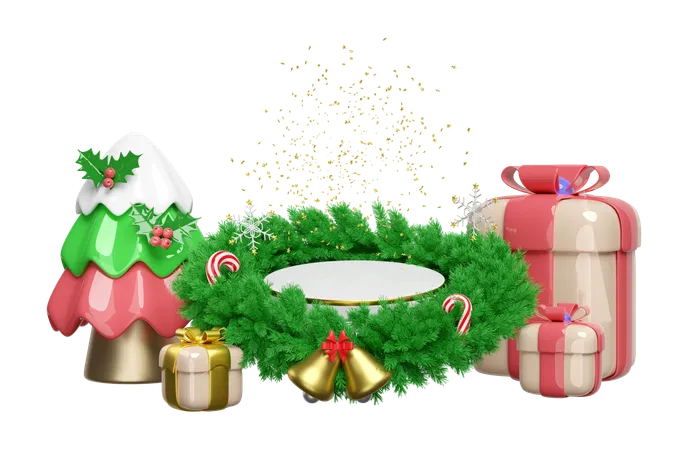 3 D Cylinder Stage Podium Empty With Wreath Pine Leaves Gift Box Candy Cane Jingle Bell Christmas Tree Snowflake Merry Christmas And Happy New Year 3 D Render Illustration 3D Illustration