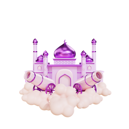 Podium For Ramadan With Cannon and Mosque  3D Illustration