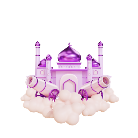 Podium For Ramadan With Cannon and Mosque 3D Illustration