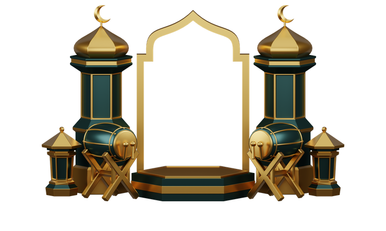 Podium For Ramadan With Drums And Mosque Ornaments 3D Illustration