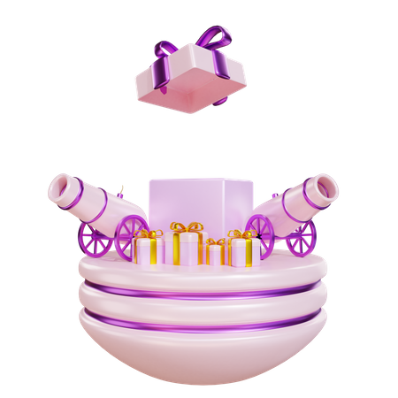 Podium For Ramadan With Gift and cannon 3D Illustration