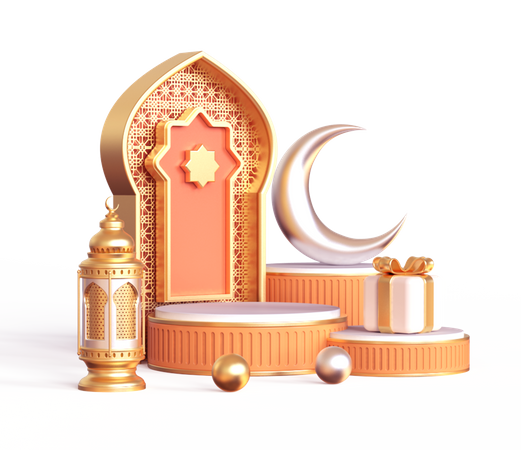 Podium For Ramadan with lantern and moon  3D Illustration