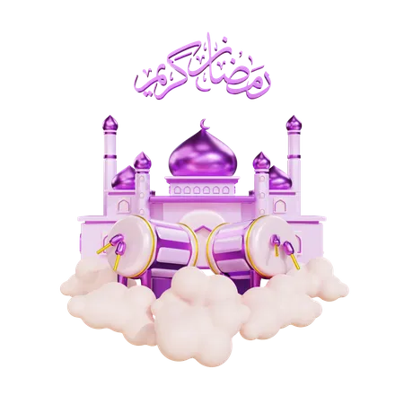 Podium For Ramadan With Mosque and Drum 3D Illustration