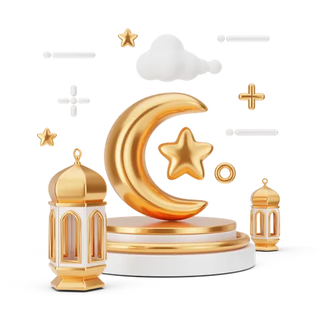 Podium für Ramadan mit Halbmond  3D Illustration