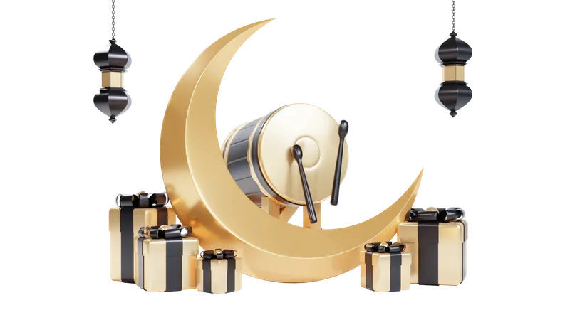 Podium für Ramadan mit Kanone und Mond  3D Illustration