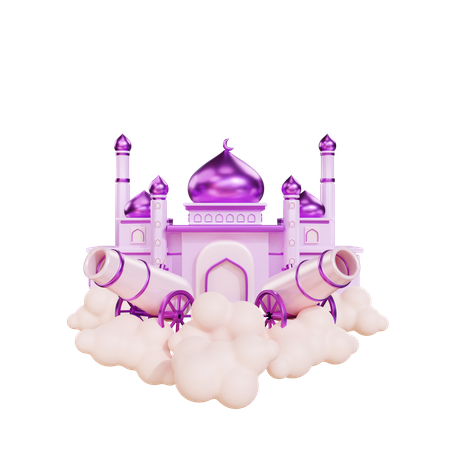 Podium für Ramadan mit Kanone und Moschee  3D Illustration