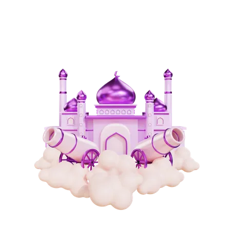 Podium für Ramadan mit Kanone und Moschee  3D Illustration