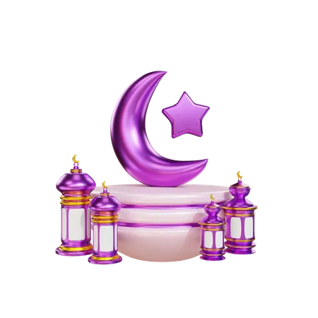 Podium für Ramadan mit Laterne und Mond  3D Illustration