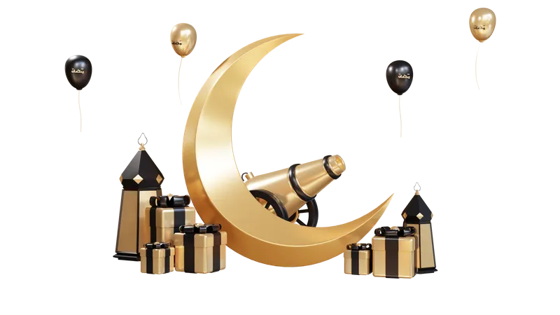 Podium für Ramadan mit Mond und Geschenk  3D Illustration