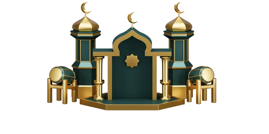 Podium für Ramadan mit Trommel und Moschee-Ornamenten  3D Illustration