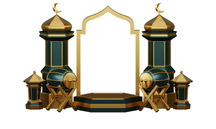 Podium für Ramadan mit Trommeln und Moschee-Ornamenten  3D Illustration