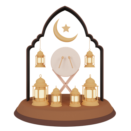 Podium Of Ramadan With Lantern and Drum  3D Illustration