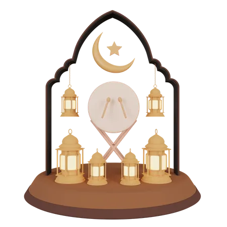 Podium Of Ramadan With Lantern and Drum  3D Illustration