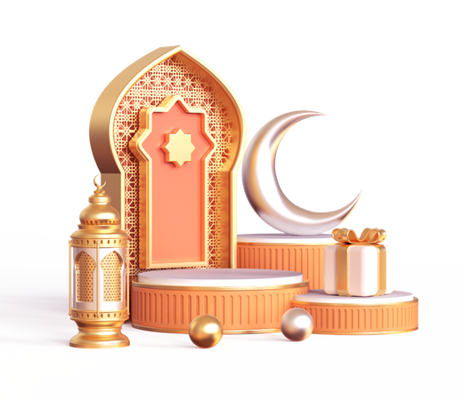 Podium pour le Ramadan avec lanterne et lune  3D Illustration